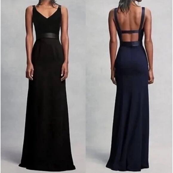 VERA WANG Formal Black Gown Velvet Crepe Belted Back Cutout Maxi Bridesmaid - Picture 1 of 15